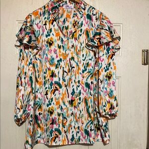 Multicolored Ruffled 3/4‎ Sleeve Blouse with Mandarin Collar